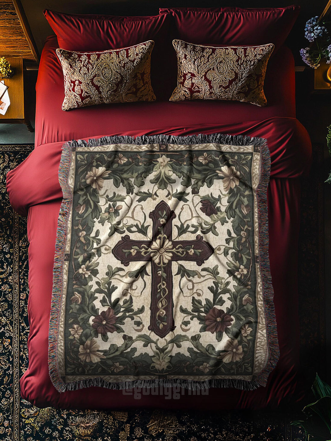 Floral Cross Tapestry Throw Woven Blanket