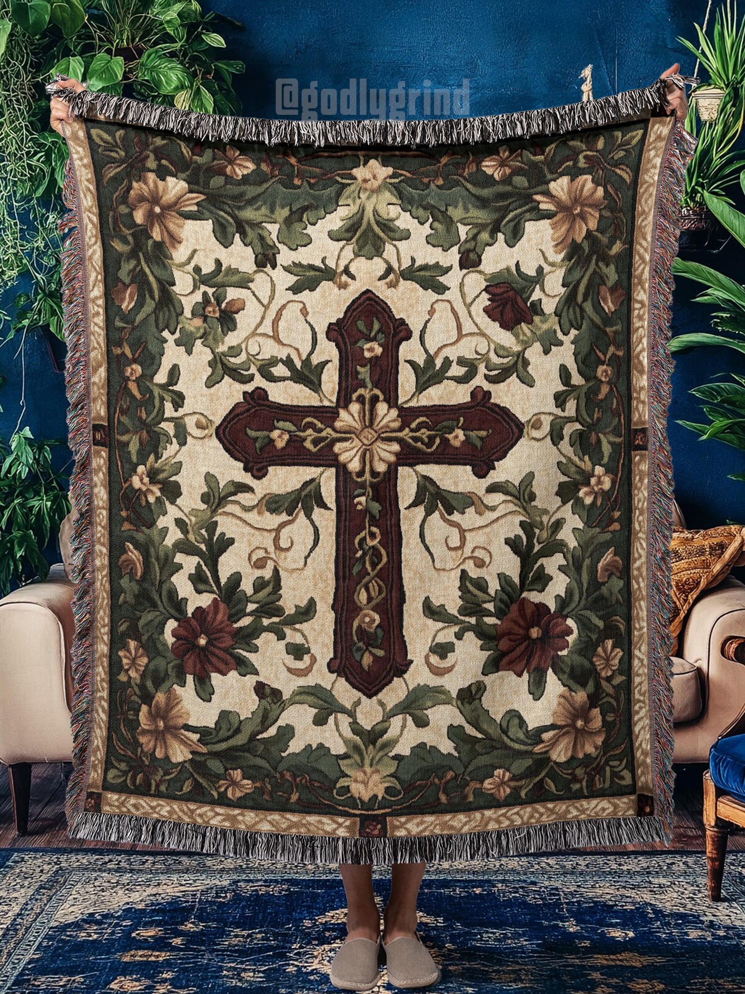 Floral Cross Tapestry Throw Woven Blanket