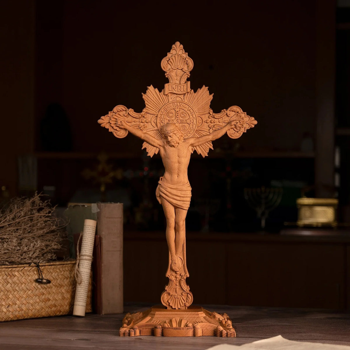 Godly Grind Wood carving of the Cross of the Order of Saint Benedict