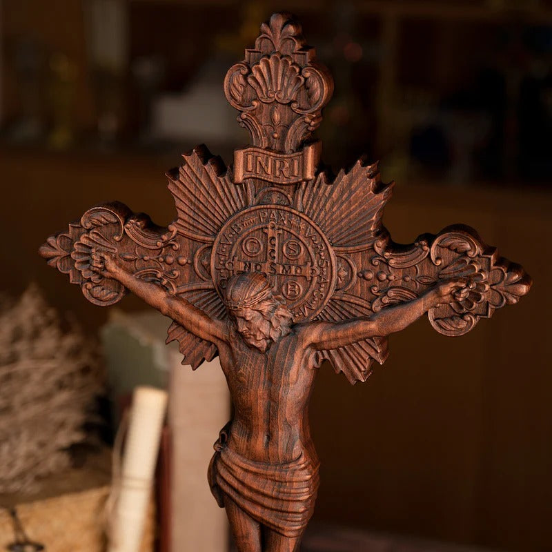 Godly Grind Wood carving of the Cross of the Order of Saint Benedict
