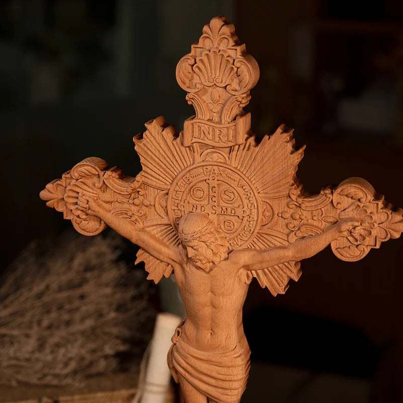 Godly Grind Wood carving of the Cross of the Order of Saint Benedict