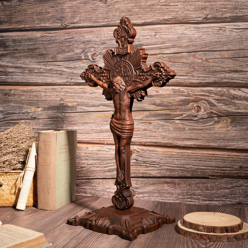 Godly Grind Wood carving of the Cross of the Order of Saint Benedict