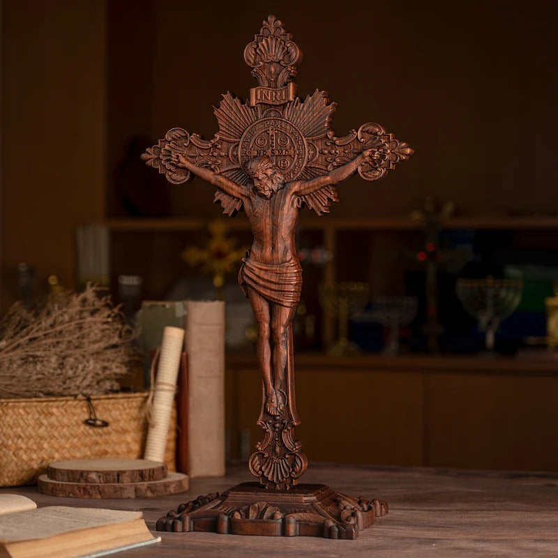 Godly Grind Wood carving of the Cross of the Order of Saint Benedict
