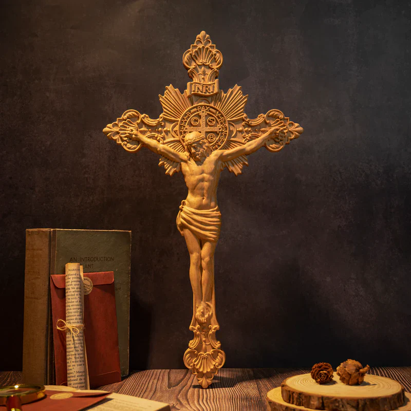 Godly Grind Wood carving of the Cross of the Order of Saint Benedict