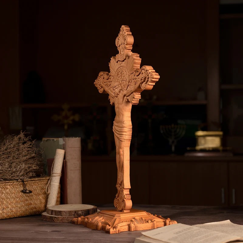 Godly Grind Wood carving of the Cross of the Order of Saint Benedict