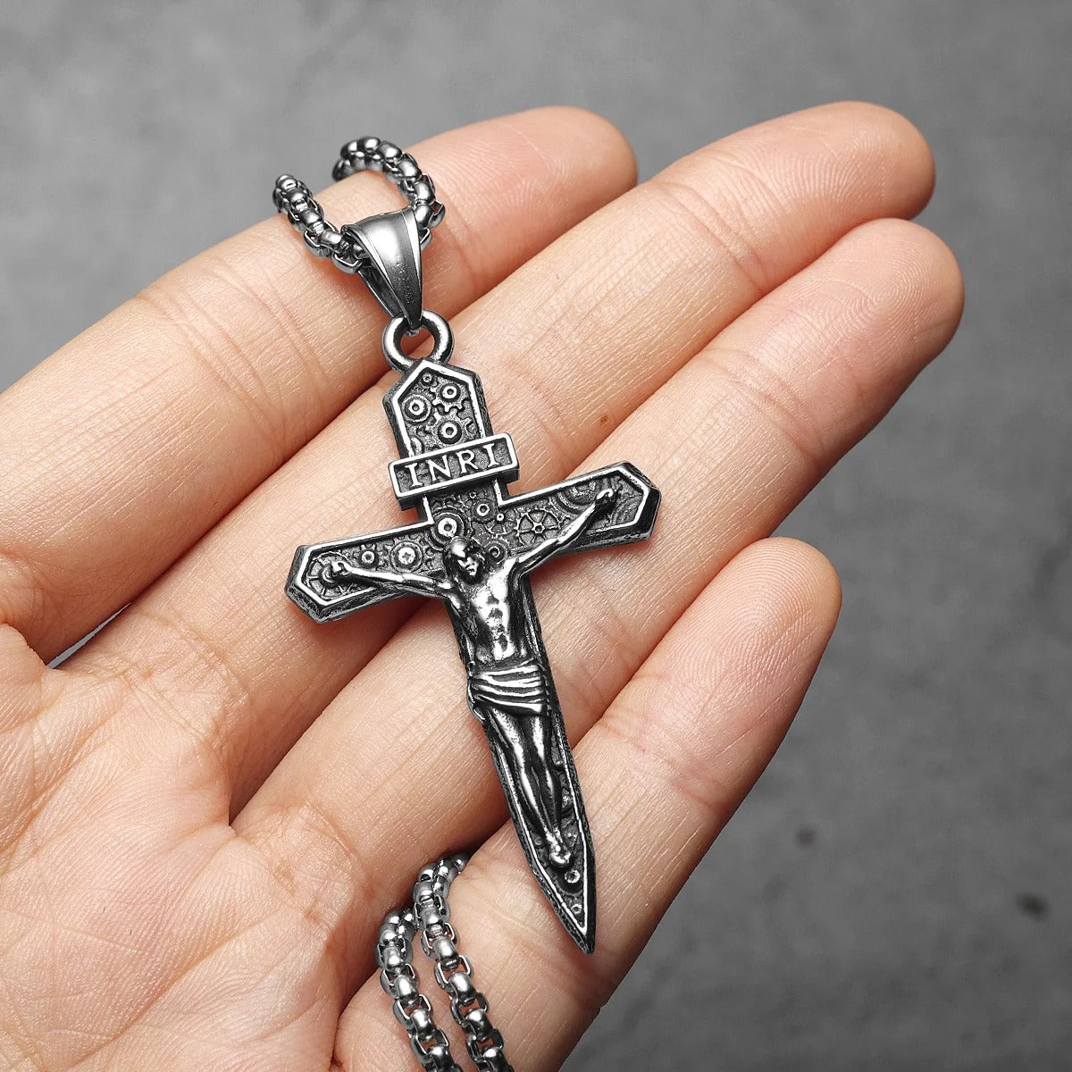 INRI Jesus Cross Exorcism Amulets Stainless Steel Men Necklaces