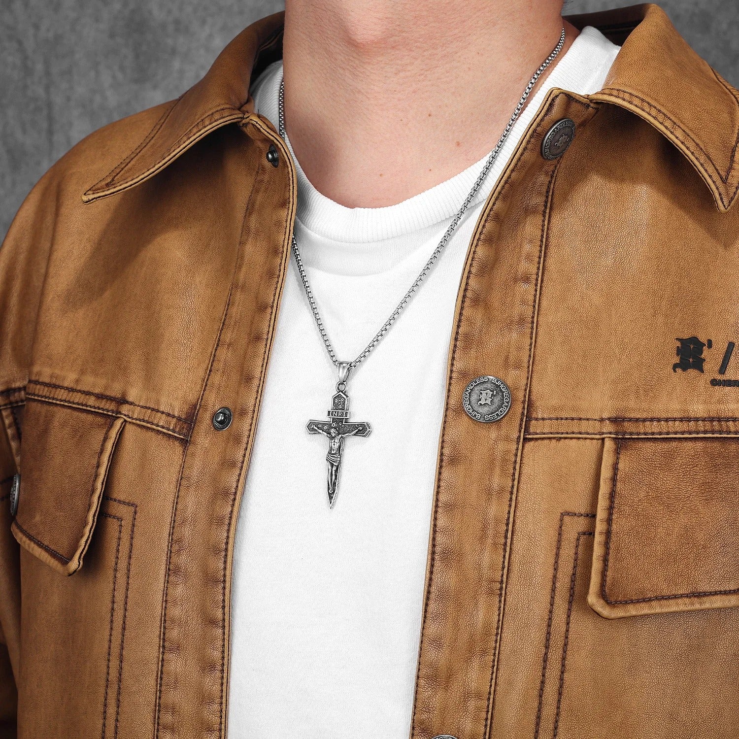 INRI Jesus Cross Exorcism Amulets Stainless Steel Men Necklaces