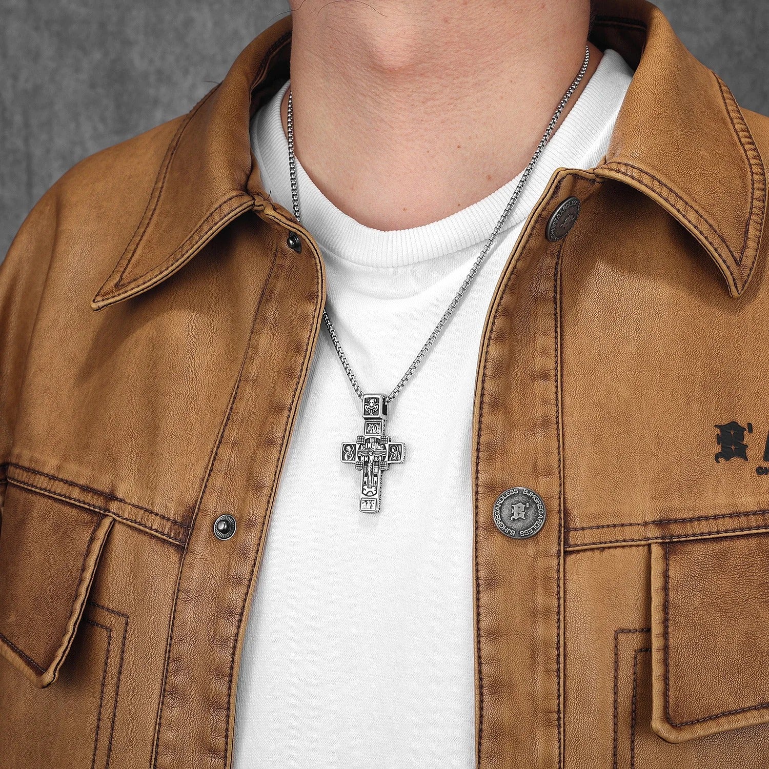 Jesus Carving Cross Amulets Stainless Steel Necklaces