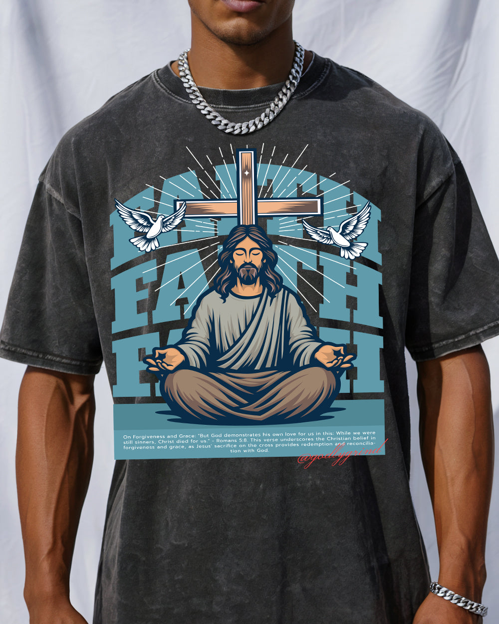 But God demonstrates his own love for us in this-Romans 5-8 NIV Acid Wash Tshirt - Godlygrind