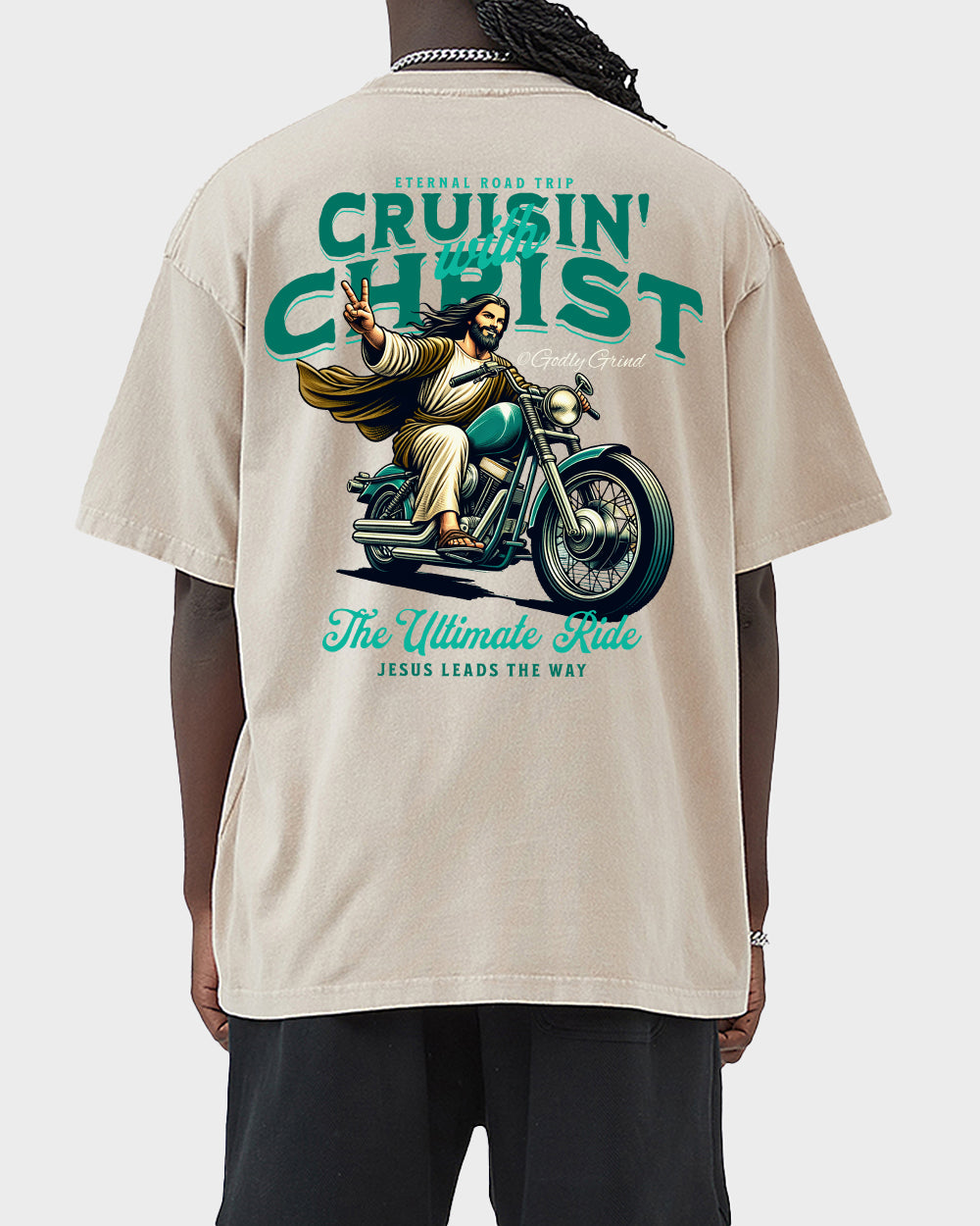 Cruisin' With Christ Jesus - Biker Motorcycle Peace Sign Acid Wash Tshirt - Godlygrind