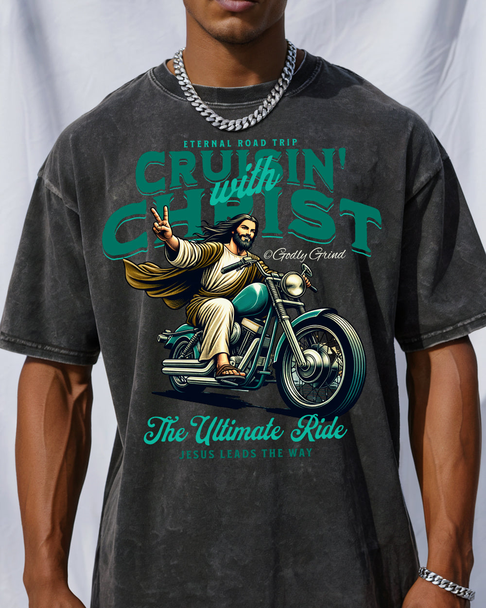 Cruisin' With Christ Jesus - Biker Motorcycle Peace Sign Acid Wash Tshirt - Godlygrind