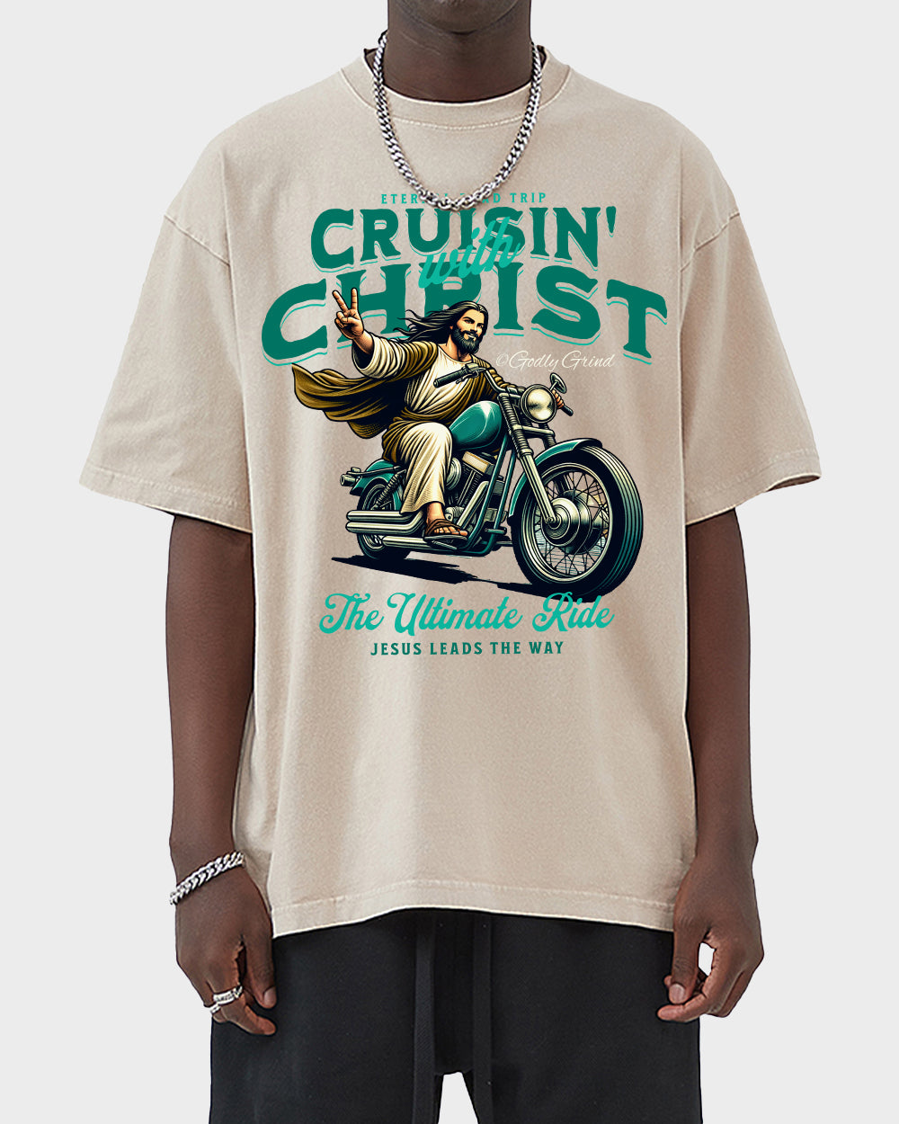 Cruisin' With Christ Jesus - Biker Motorcycle Peace Sign Acid Wash Tshirt - Godlygrind