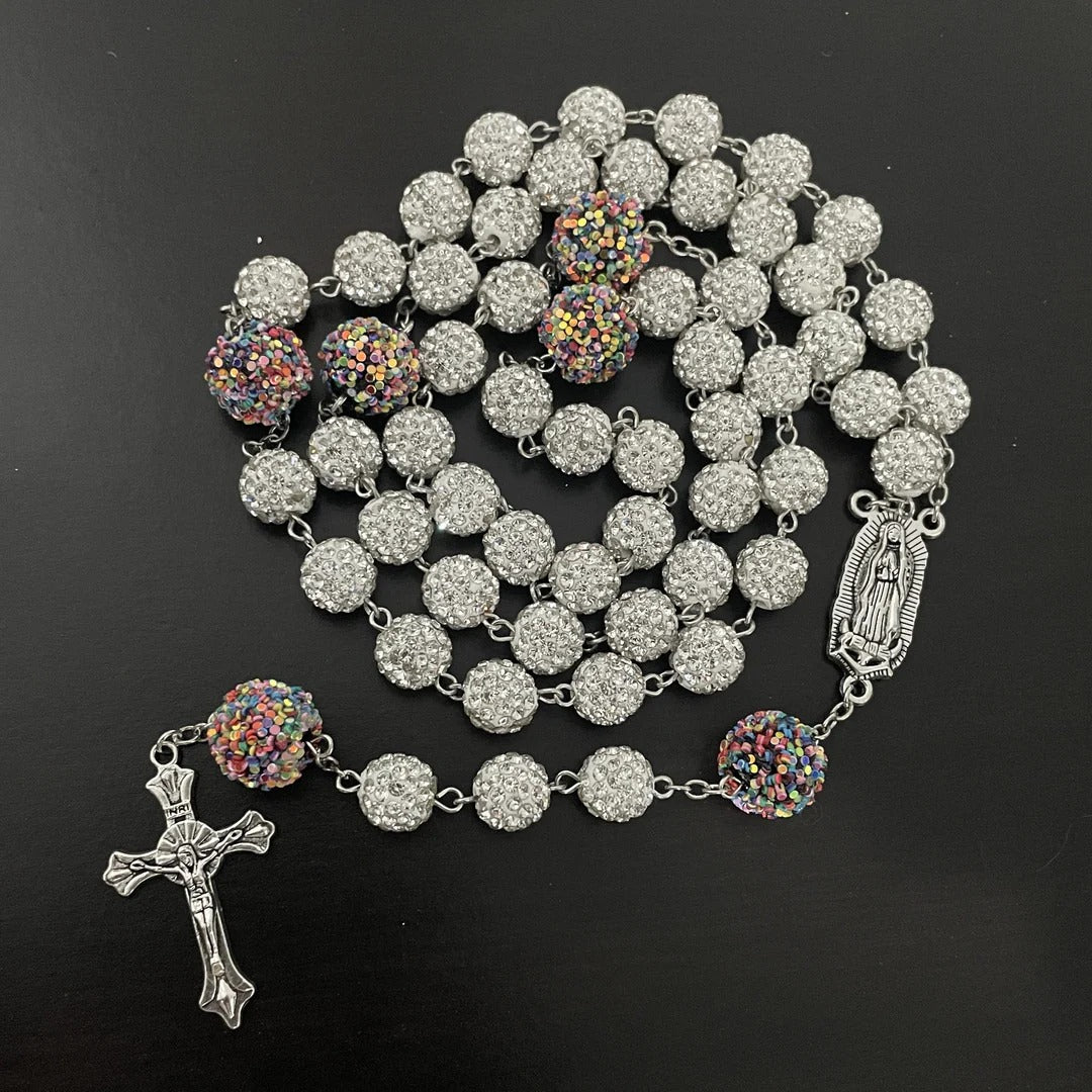 Our Lady of Guadalupe & Crucifix of 10mm Round White Rhinestone Alloy Chain Rosary