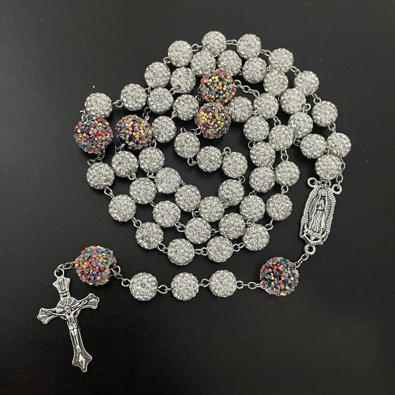 Our Lady of Guadalupe & Crucifix of 10mm Round White Rhinestone Alloy Chain Rosary