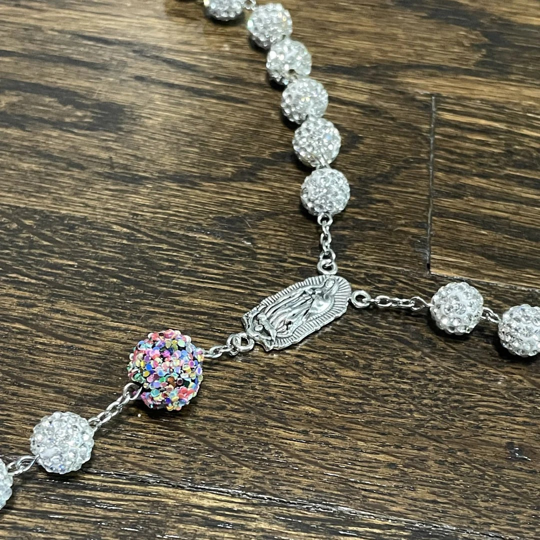 Our Lady of Guadalupe & Crucifix of 10mm Round White Rhinestone Alloy Chain Rosary