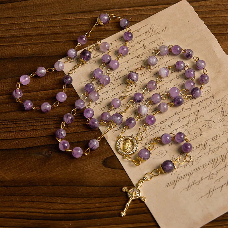 Our Lady of Guadalupe & Crucifix of 8mm Round Purple Crystal Rosary