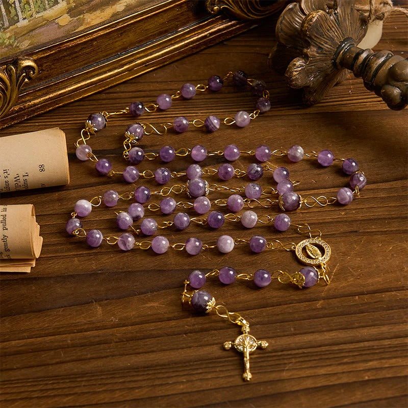 Our Lady of Guadalupe & Crucifix of 8mm Round Purple Crystal Rosary