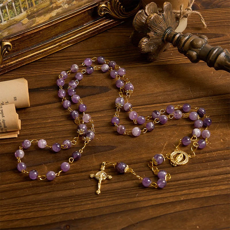 Our Lady of Guadalupe & Crucifix of 8mm Round Purple Crystal Rosary