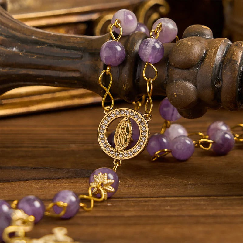 Our Lady of Guadalupe & Crucifix of 8mm Round Purple Crystal Rosary
