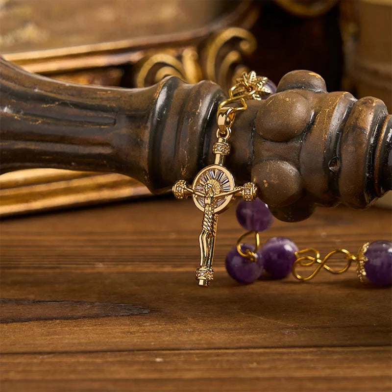 Our Lady of Guadalupe & Crucifix of 8mm Round Purple Crystal Rosary