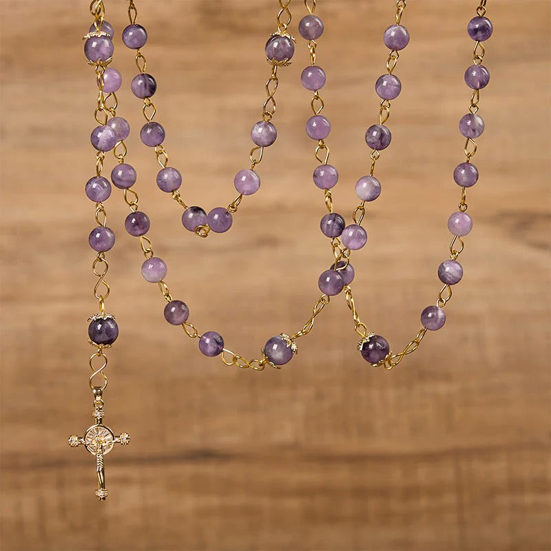 Our Lady of Guadalupe & Crucifix of 8mm Round Purple Crystal Rosary