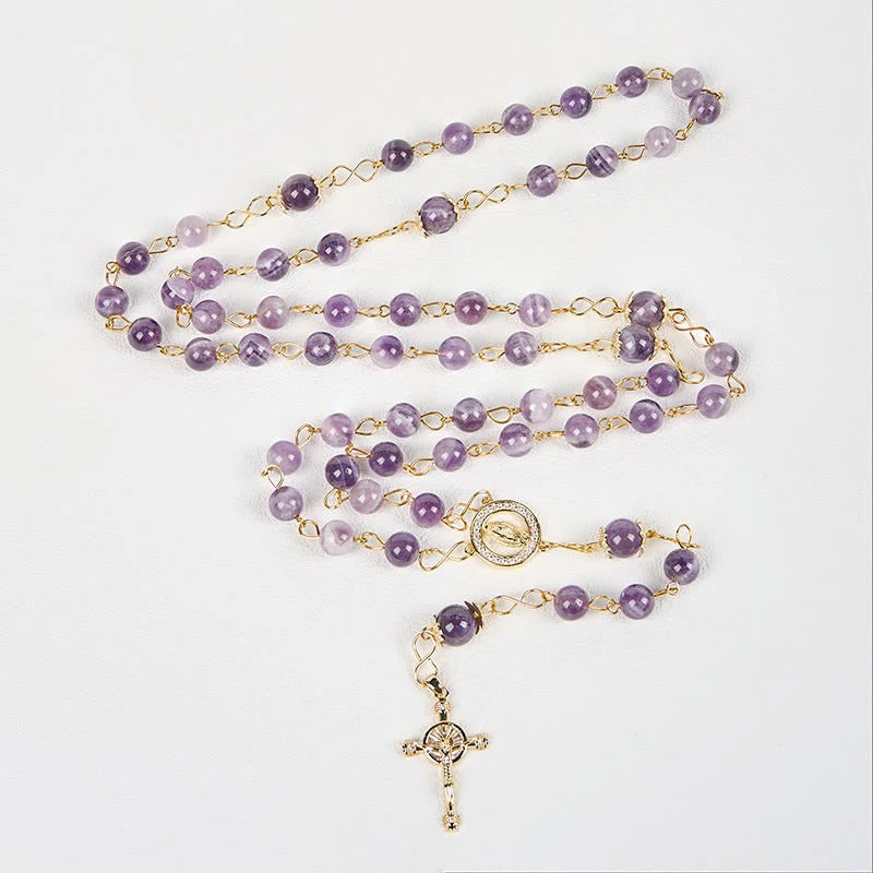 Our Lady of Guadalupe & Crucifix of 8mm Round Purple Crystal Rosary