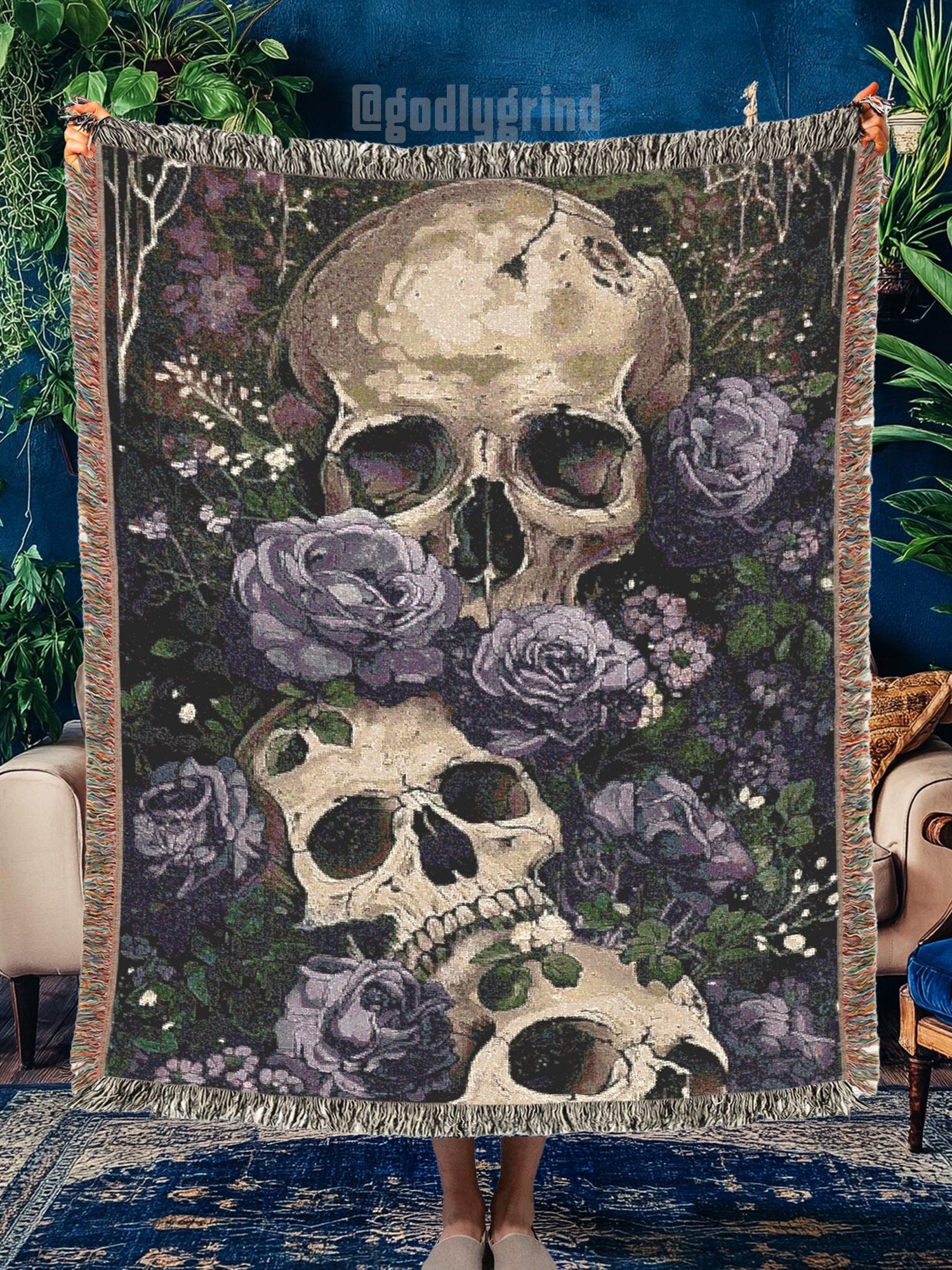 Skulls and Roses Woven Blanket