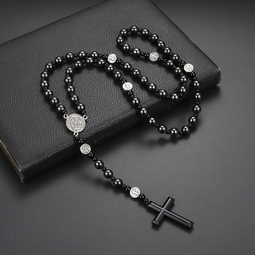 St. Benedict Medal & Cross of 8 mm Round Black Multi-material Nylon Cord Rosary