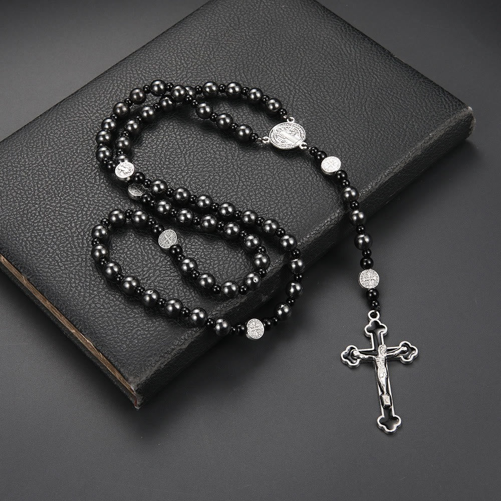 St. Benedict Medal & Cross of 8 mm Round Black Multi-material Nylon Cord Rosary