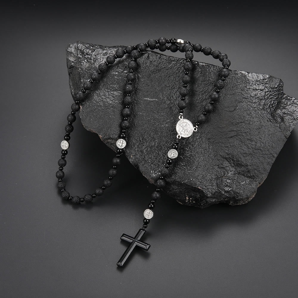 St. Benedict Medal & Cross of 8 mm Round Black Multi-material Nylon Cord Rosary