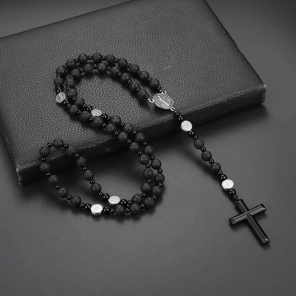 St. Benedict Medal & Cross of 8 mm Round Black Multi-material Nylon Cord Rosary