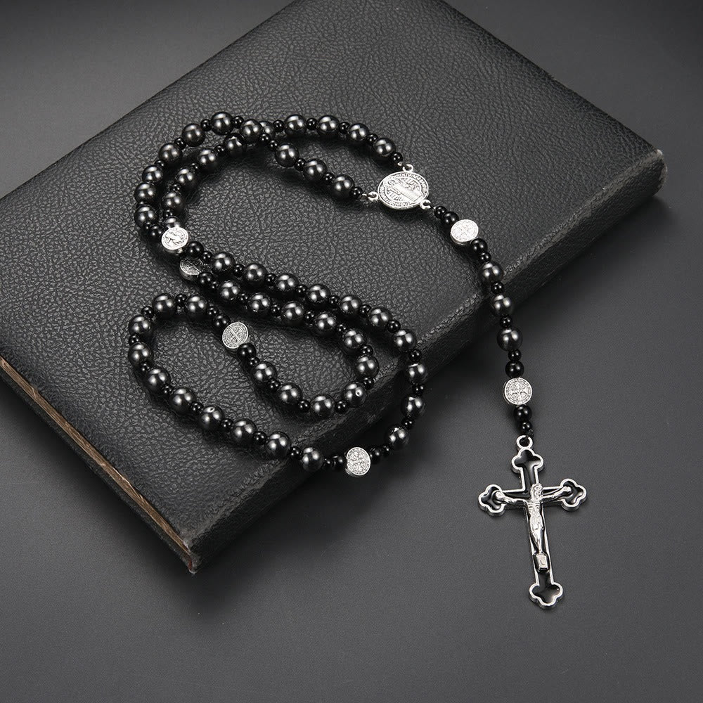 St. Benedict Medal & Cross of 8 mm Round Black Multi-material Nylon Cord Rosary