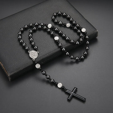 St. Benedict Medal & Cross of 8 mm Round Black Multi-material Nylon Cord Rosary