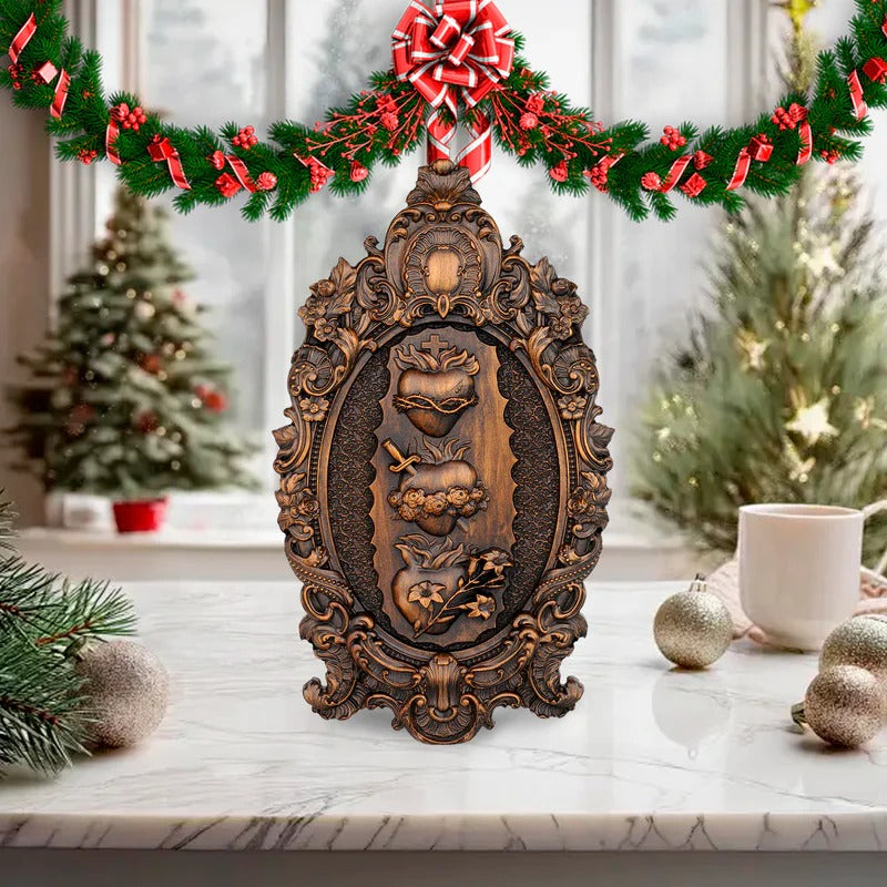 Three Sacred Hearts of the Holy Family  Solid Wood Carving GodlyGrind