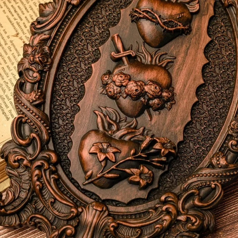 Three Sacred Hearts of the Holy Family  Solid Wood Carving GodlyGrind