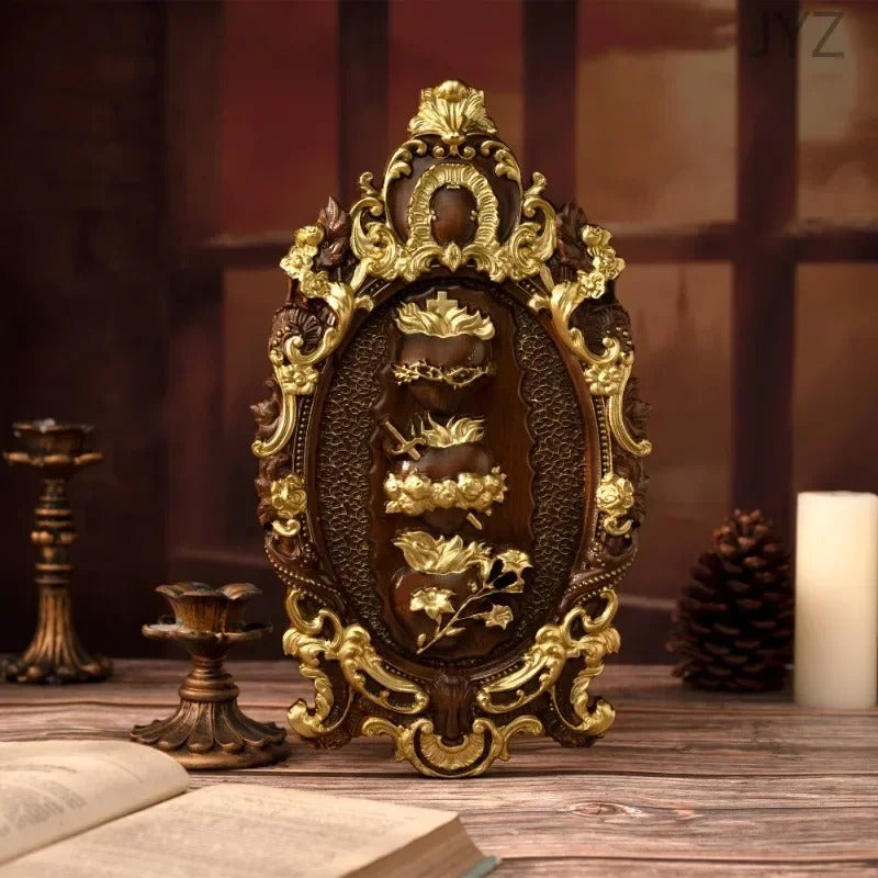 Three Sacred Hearts of the Holy Family  Solid Wood Carving GodlyGrind