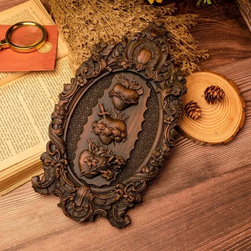 Three Sacred Hearts of the Holy Family  Solid Wood Carving GodlyGrind