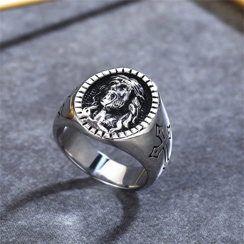 Vintage Christ Jesus Head Cross Blessing Godly Grind Ring