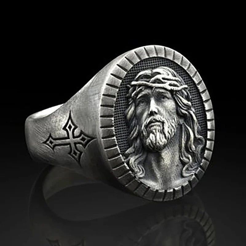Vintage Christ Jesus Head Cross Blessing Godly Grind Ring