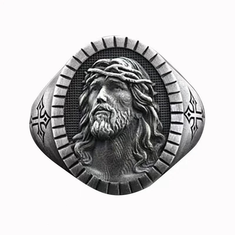 Vintage Christ Jesus Head Cross Blessing Godly Grind Ring
