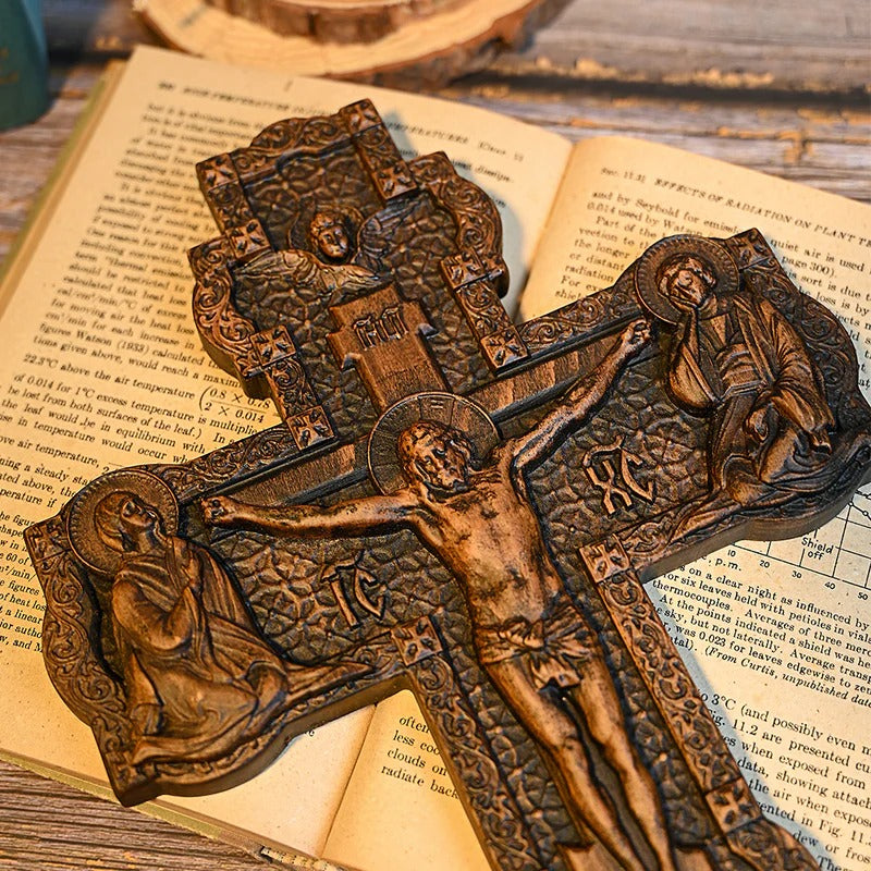 Wooden Orthodox Religious Carved Crucifix - Godly Grind Carved Natural Wood