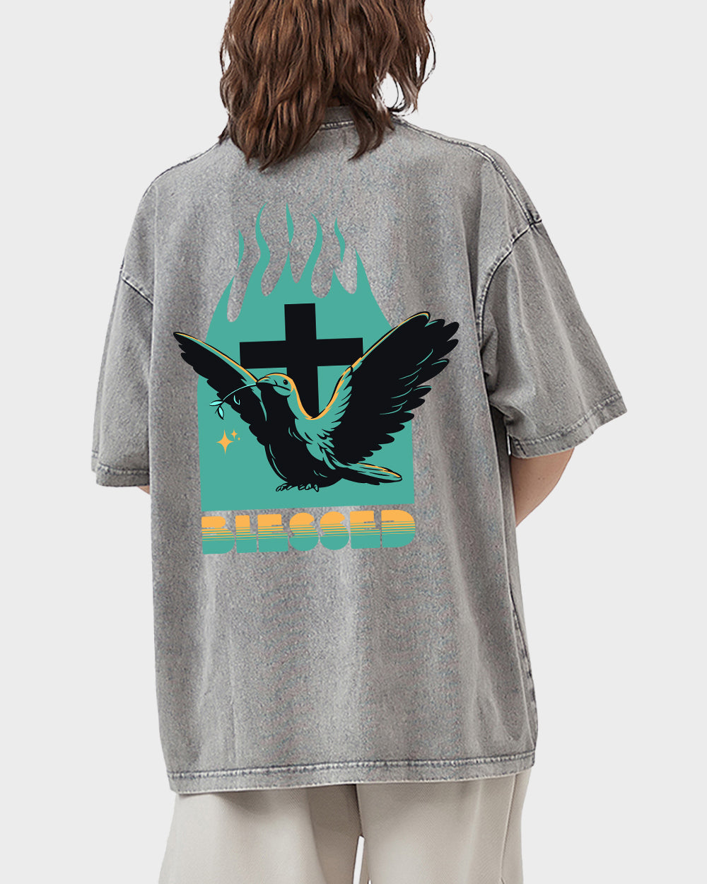 Blessed Dove and Cross Acid Wash Tshirt - Godlygrind