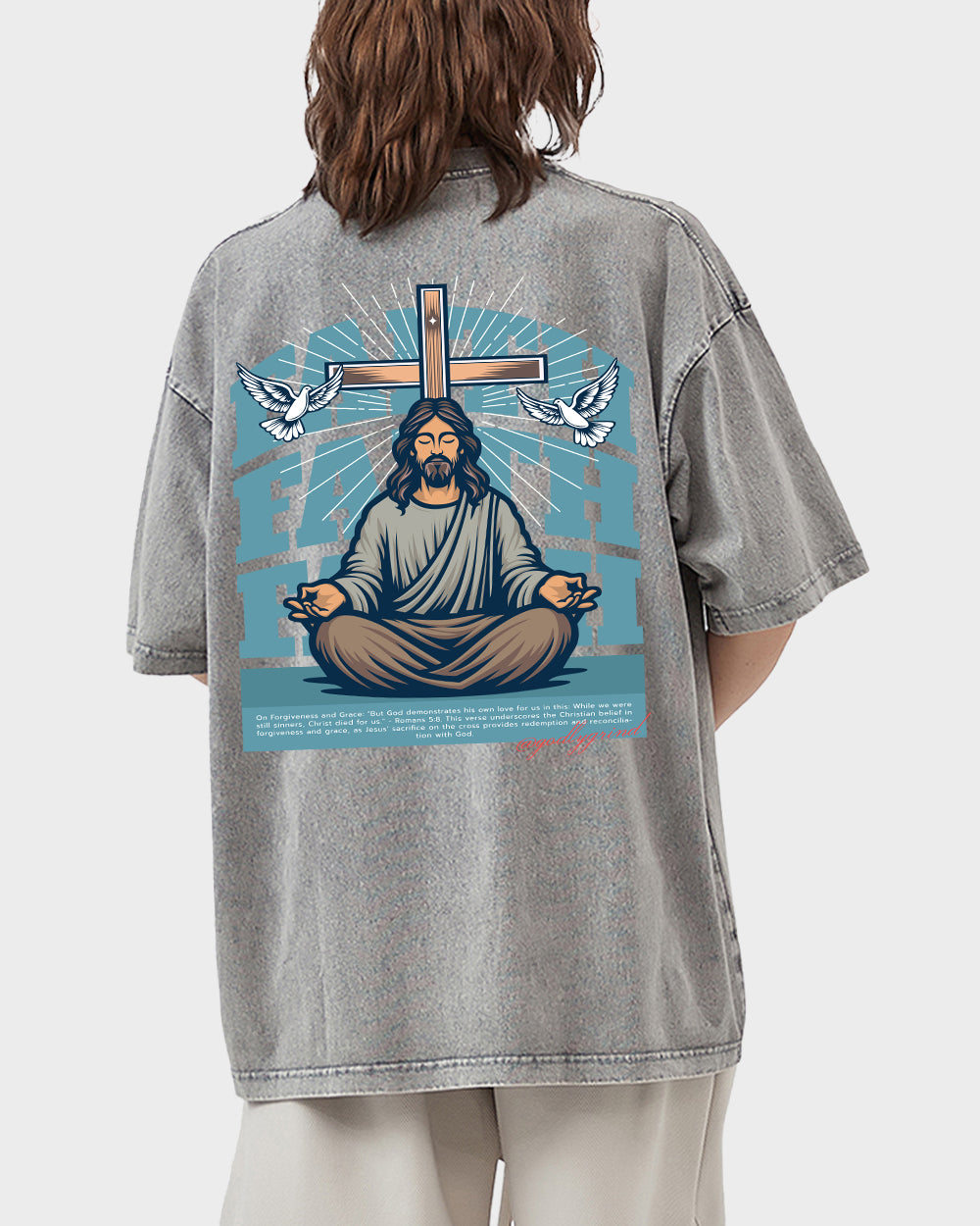 But God demonstrates his own love for us in this-Romans 5-8 NIV Acid Wash Tshirt - Godlygrind