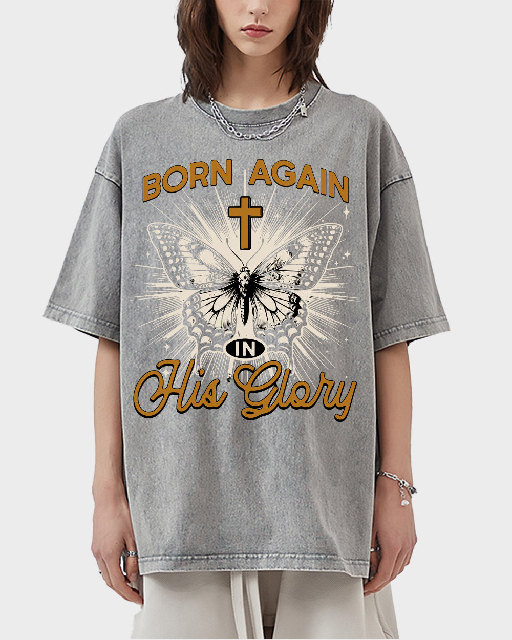 Born Again in his Glory Acid Wash Tshirt - Godlygrind