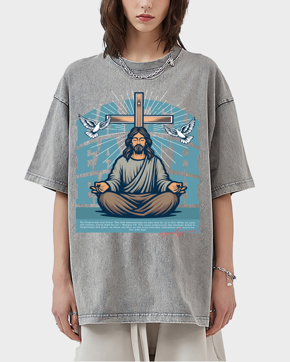 But God demonstrates his own love for us in this-Romans 5-8 NIV Acid Wash Tshirt - Godlygrind