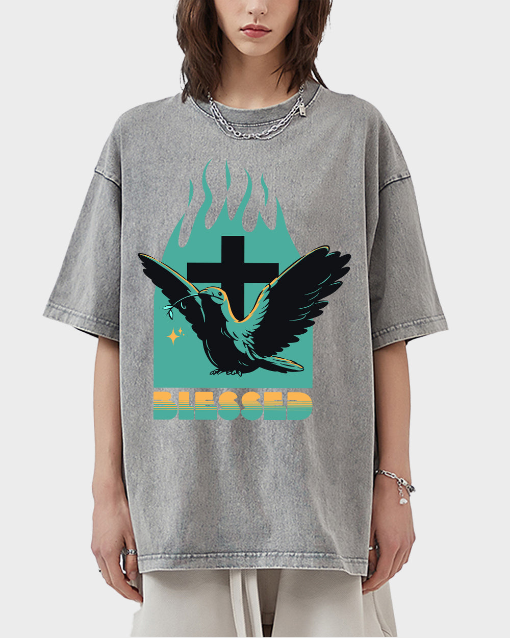 Blessed Dove and Cross Acid Wash Tshirt - Godlygrind