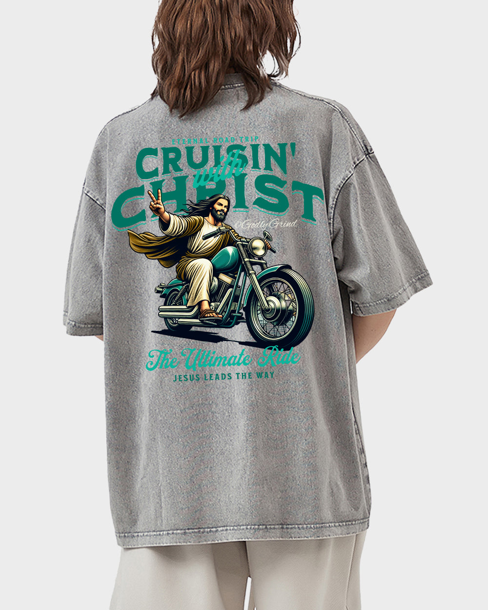 Cruisin' With Christ Jesus - Biker Motorcycle Peace Sign Acid Wash Tshirt - Godlygrind