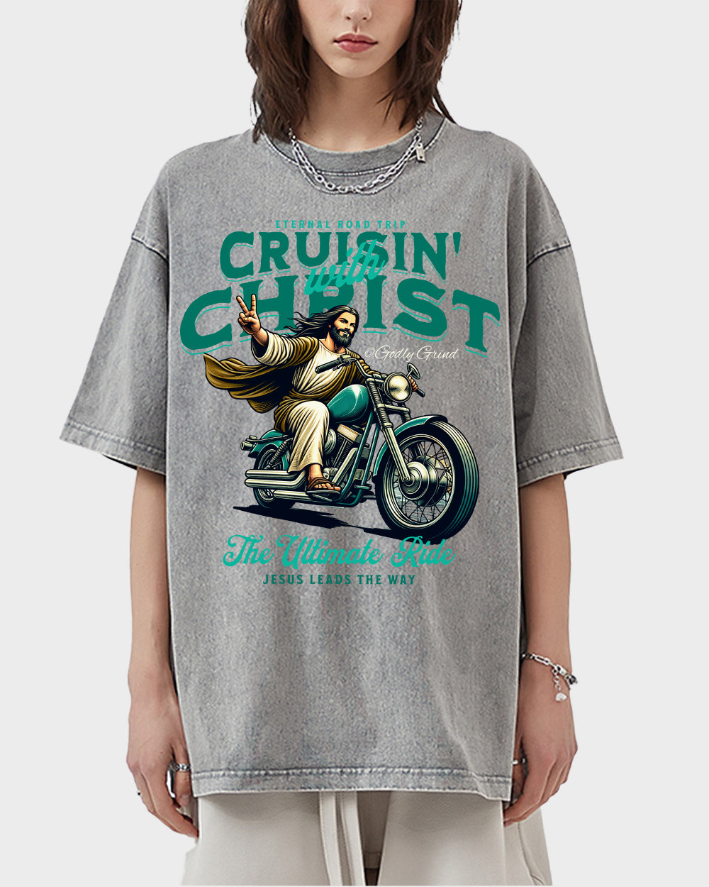 Cruisin' With Christ Jesus - Biker Motorcycle Peace Sign Acid Wash Tshirt - Godlygrind