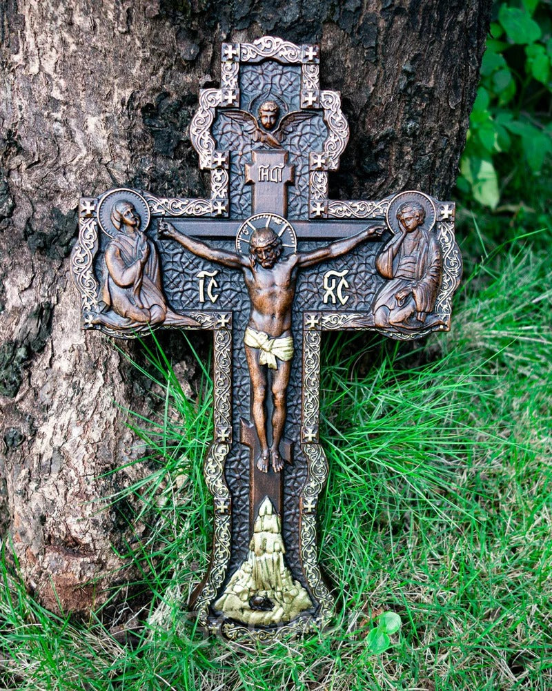 Wooden Orthodox Religious Carved Crucifix - Godly Grind Carved Natural Wood