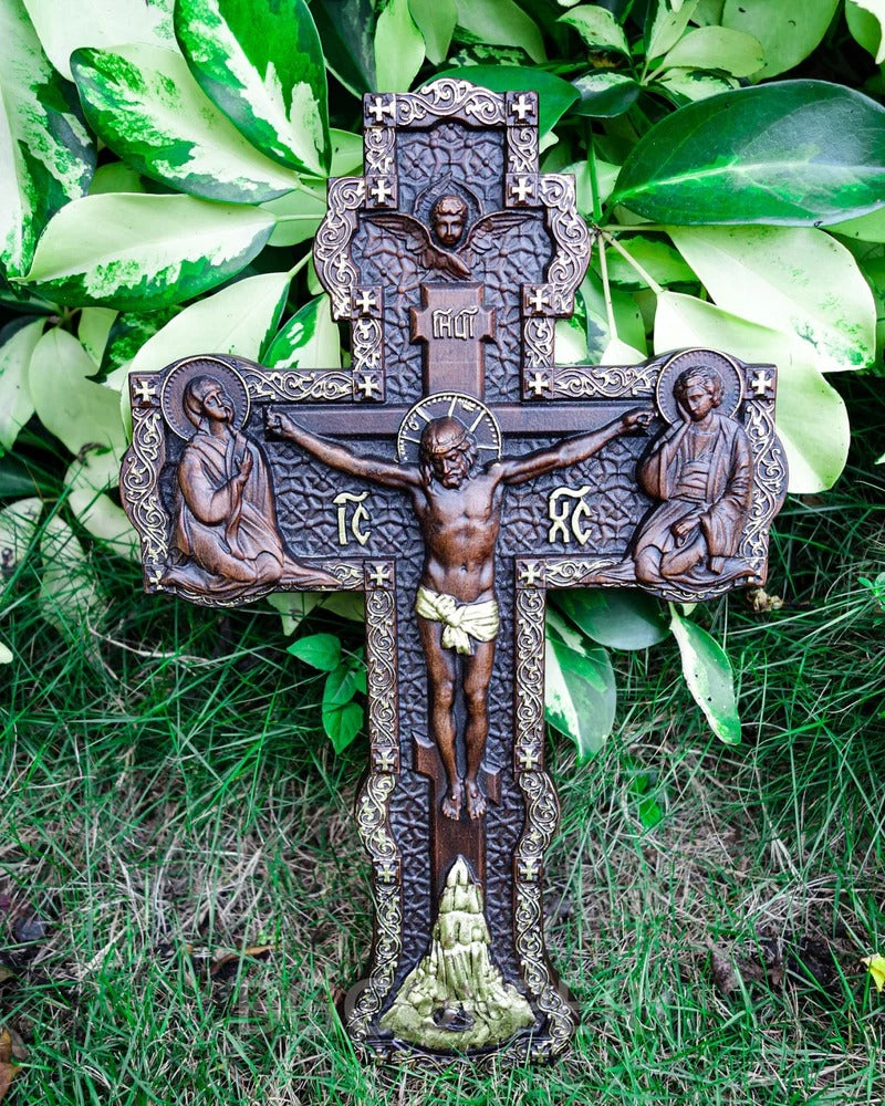 Wooden Orthodox Religious Carved Crucifix - Godly Grind Carved Natural Wood